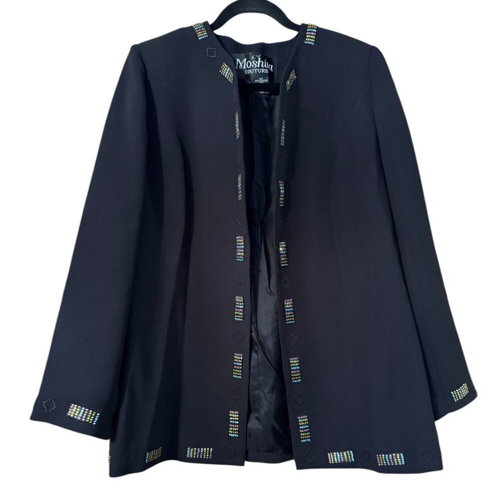 Moshita Couture Black Rainbow Rhinestone Open Front Blazer Jacket Womens 12
